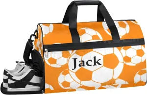 Personalized Soccer Ball Sport Gym Bag for Boys Men, Custom Name Travel Duffle Bag with Shoes Compartment Swimming Overnight Weekender Duffel Bag Orange Football
