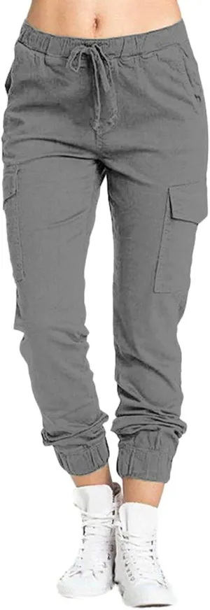 Petite Cargo Pants for Women Drawstring Elastic High Waist Lounge Cropped Pants Solid Color Baggy Comfy Trousers with Pocket