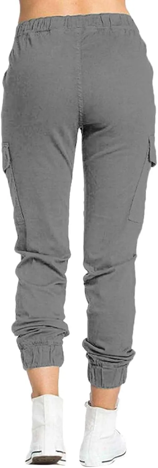 Petite Cargo Pants for Women Drawstring Elastic High Waist Lounge Cropped Pants Solid Color Baggy Comfy Trousers with Pocket