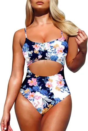 Pink Queen Women's One Piece Swimsuit Spaghetti Strap Scoop Neck Cutout High Waisted Bathing Suit Monokini
