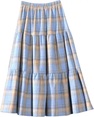 Plaid Skirt for Womens Elastic High Waisted A-Line Pleated Long Skirts 2025 Fashion Loose Vintage Knee Length Skirts