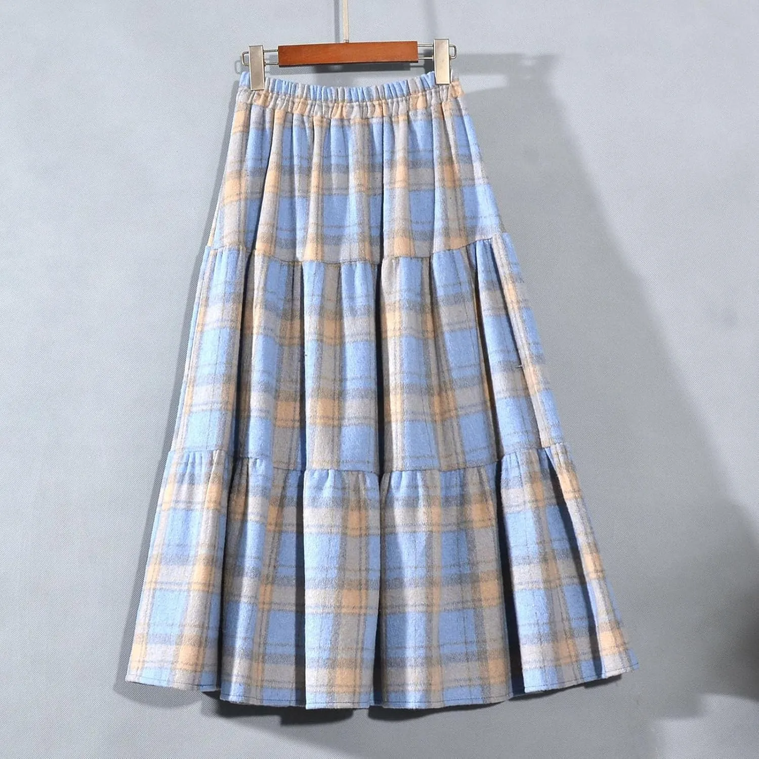Plaid Skirt for Womens Elastic High Waisted A-Line Pleated Long Skirts 2025 Fashion Loose Vintage Knee Length Skirts