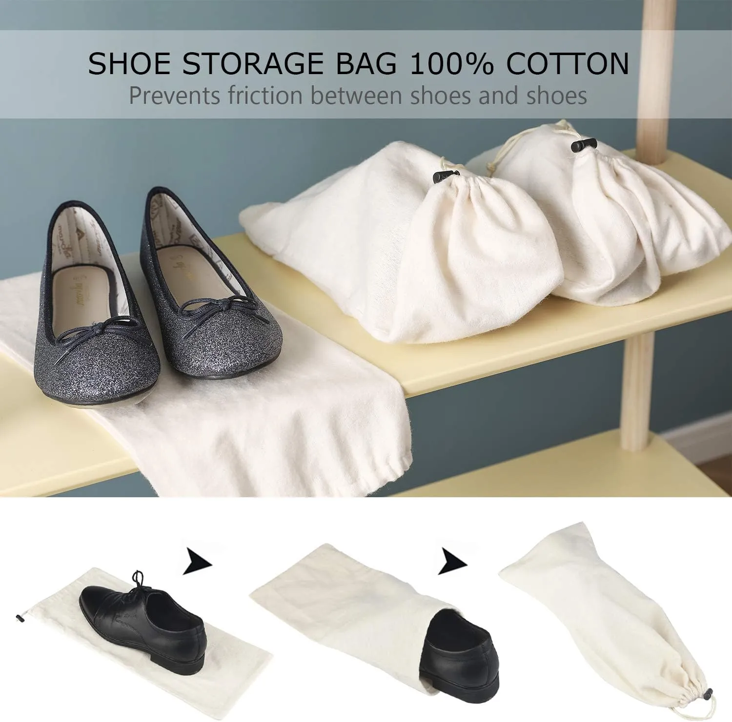 PlasMaller Shoe Storage Bags 100% Cotton with Drawstring for Men and Women for Travel Protecting and Storing Shoes
