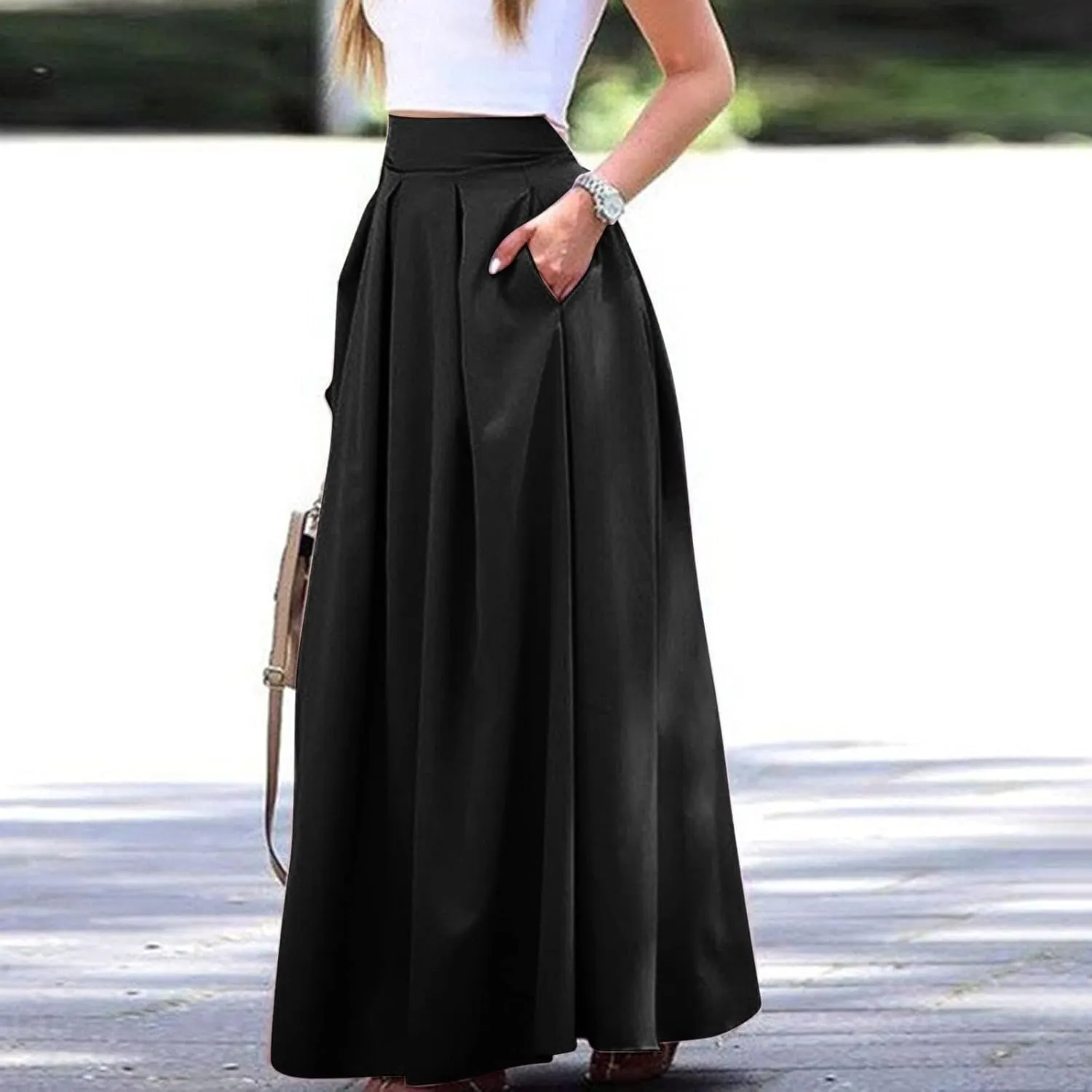 Plus Size Skirts for Women High Waisted Pleated Maxi Length Casual Skirt with Elastic Waist and Flowy Silhouette
