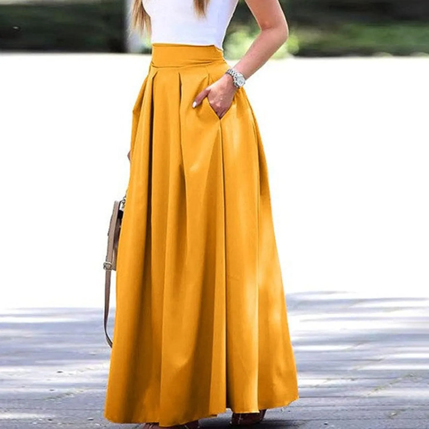Plus Size Skirts for Women High Waisted Pleated Maxi Length Casual Skirt with Elastic Waist and Flowy Silhouette
