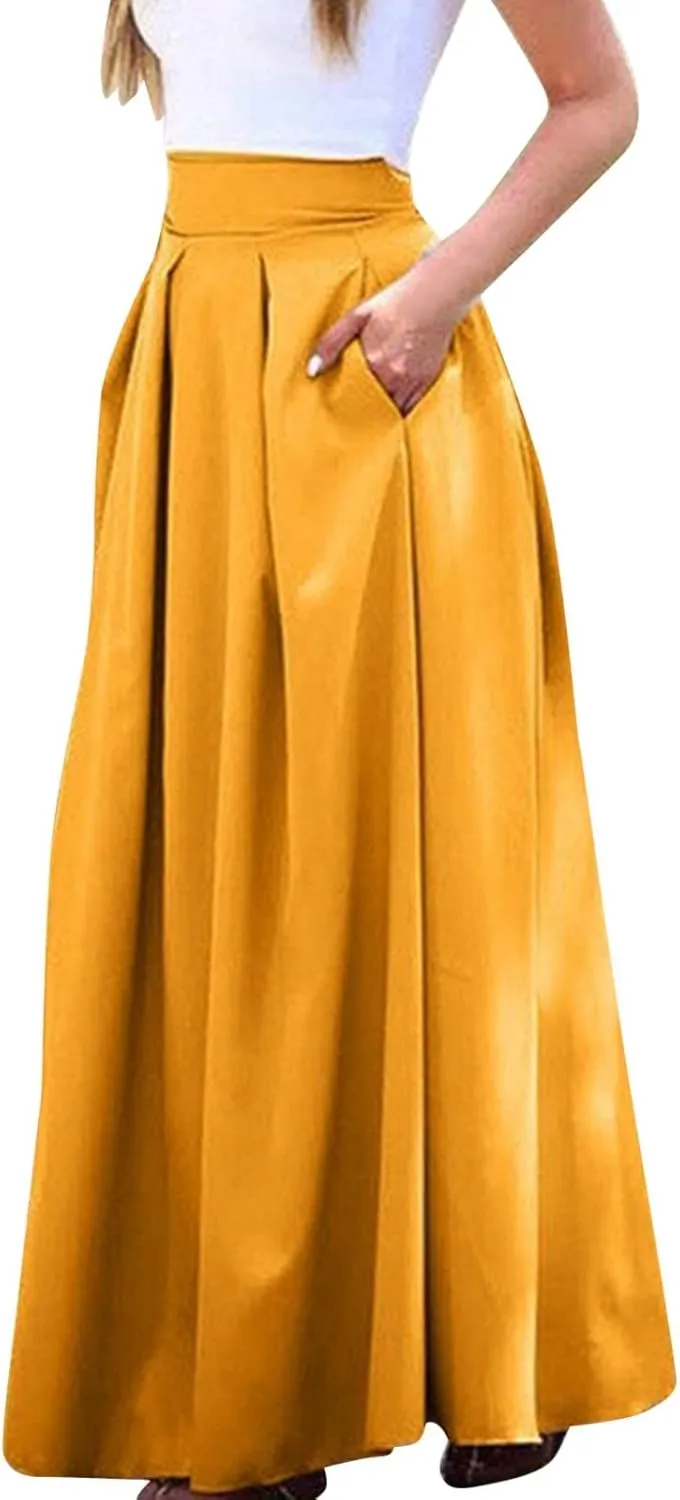 Plus Size Skirts for Women High Waisted Pleated Maxi Length Casual Skirt with Elastic Waist and Flowy Silhouette