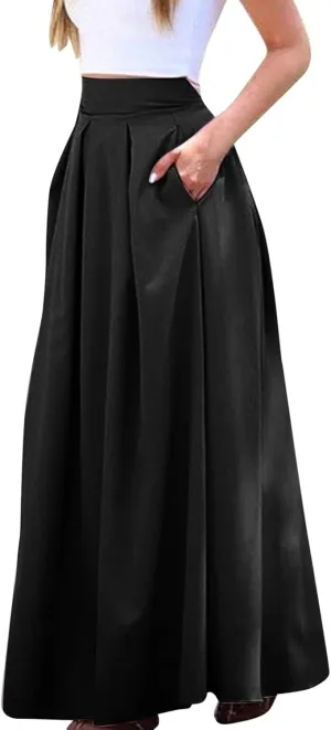Plus Size Skirts for Women High Waisted Pleated Maxi Length Casual Skirt with Elastic Waist and Flowy Silhouette
