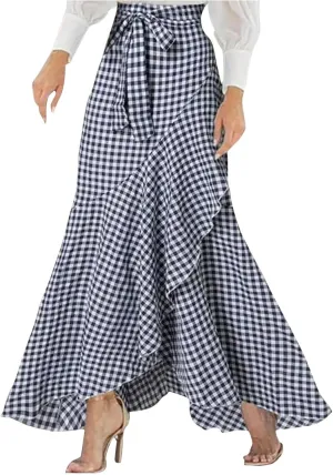 Plus Size Skirts for Women Ruffle Mermaid Skirt Flowy Long Plaid Skirts High Waisted Maxi Skirt Lace Up A Line Skirts