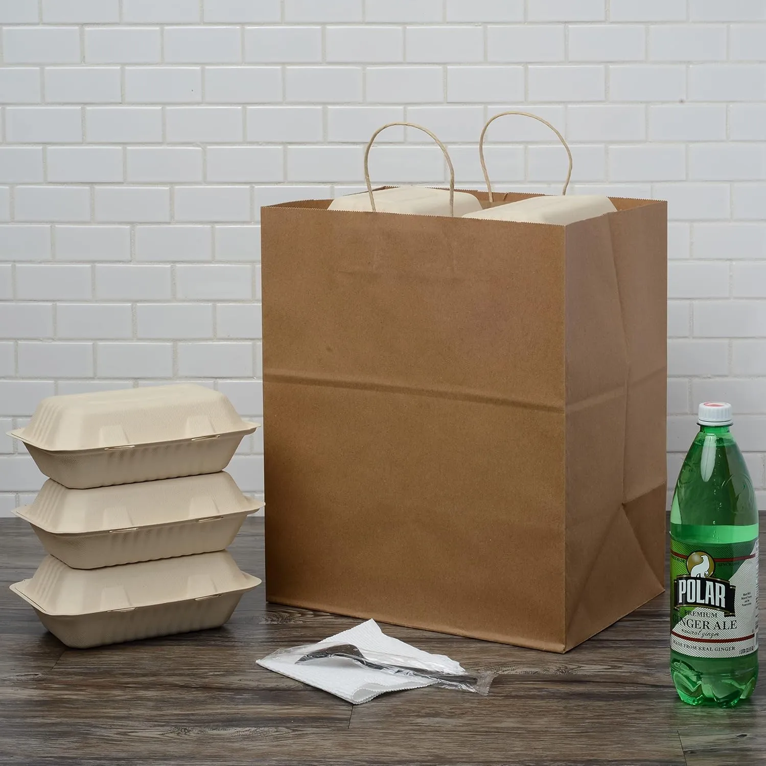 Prime Line Packaging Large Gift Bags with Handles, Kraft Shopping Totes for Small Business, Restaurants, Takeout, Delivery, Bulk, 14x10x16.5, 50 Pack