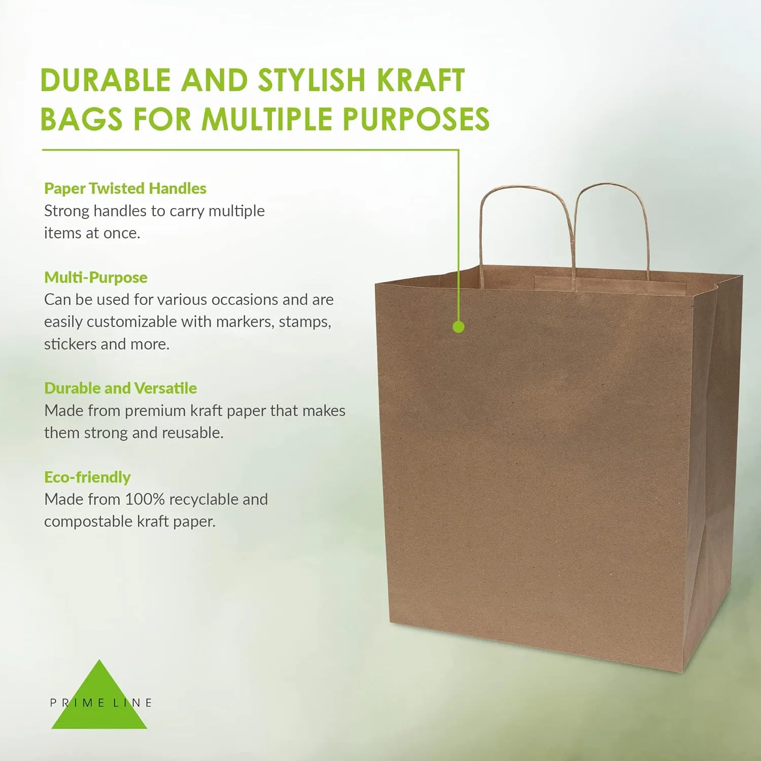 Prime Line Packaging Large Gift Bags with Handles, Kraft Shopping Totes for Small Business, Restaurants, Takeout, Delivery, Bulk, 14x10x16.5, 50 Pack
