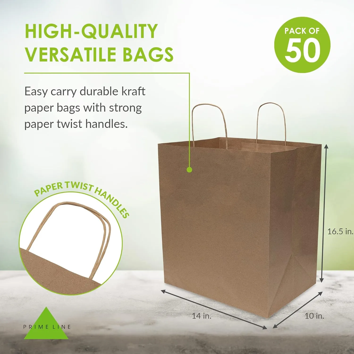 Prime Line Packaging Large Gift Bags with Handles, Kraft Shopping Totes for Small Business, Restaurants, Takeout, Delivery, Bulk, 14x10x16.5, 50 Pack