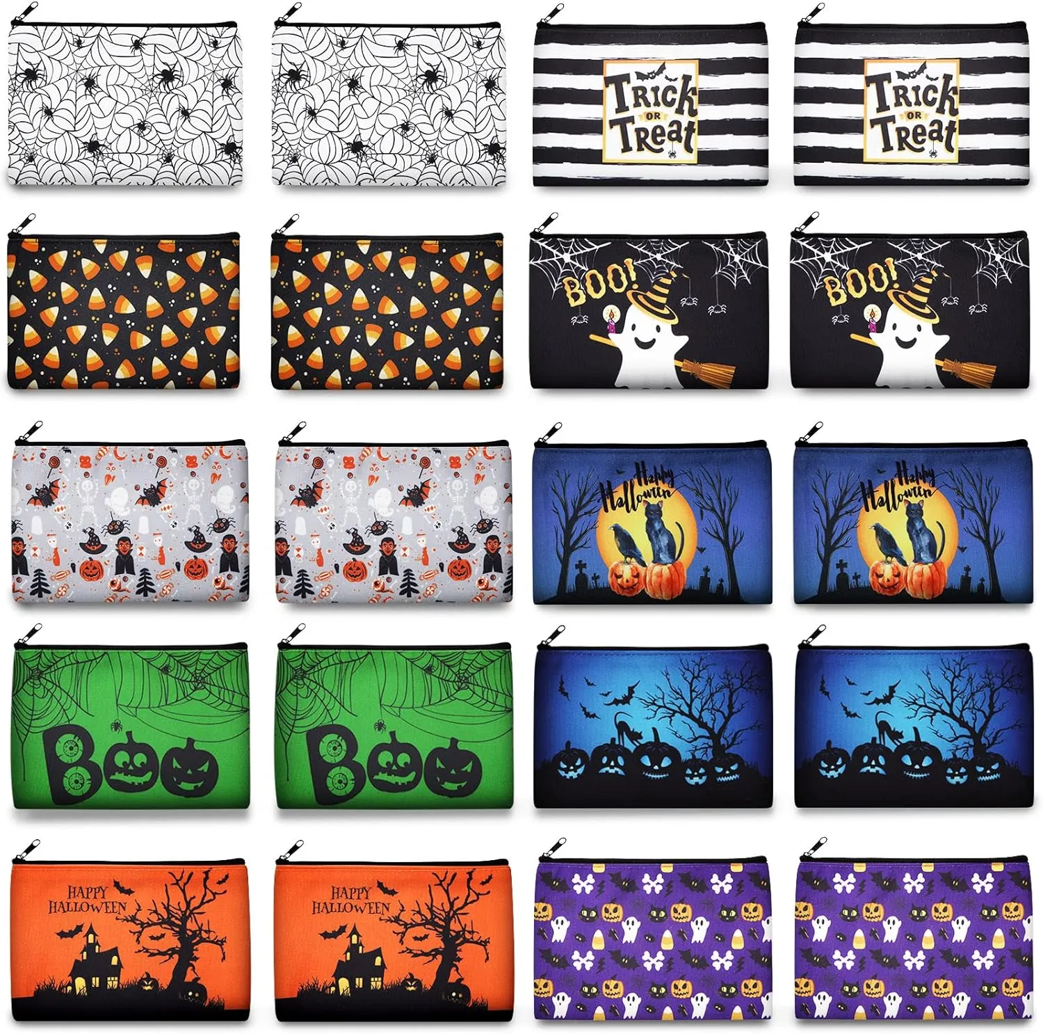Reginary 20 Pcs Halloween Cosmetic Bags Gift Bags for Kids Girls Women Happy Halloween Pattern Toiletry Organizer for Party Favors Double Sided Printed Makeup Pouch with Zipper