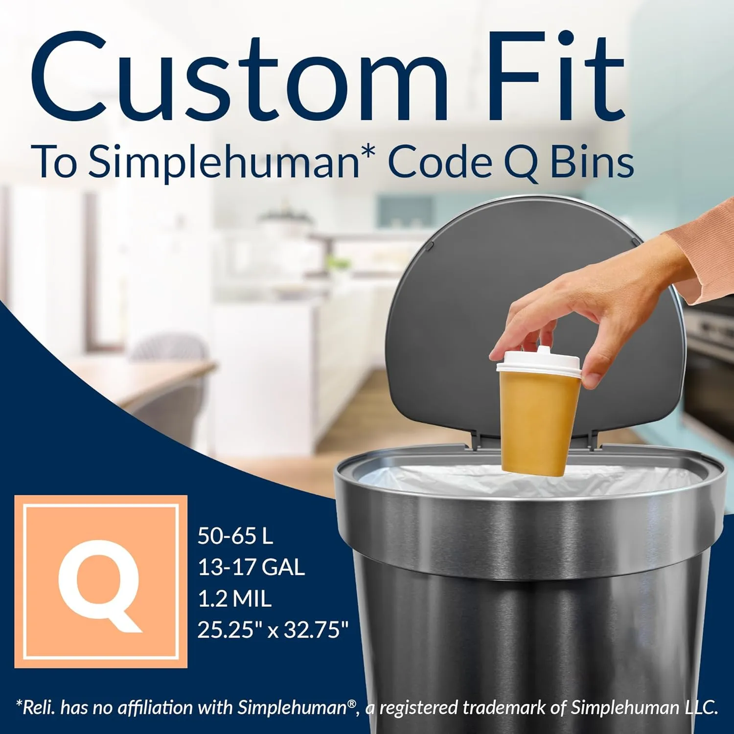 Reli. Custom Fit Q Trash Bags (225 Count) Fits Simplehuman Code Q Bags 50-65 L, 13-17 Gal | Drawstring Trashbag | White 13 Gallon Trashbags Drawstring | 25.25x32.75" (9 Rolls) 1.2 Mil