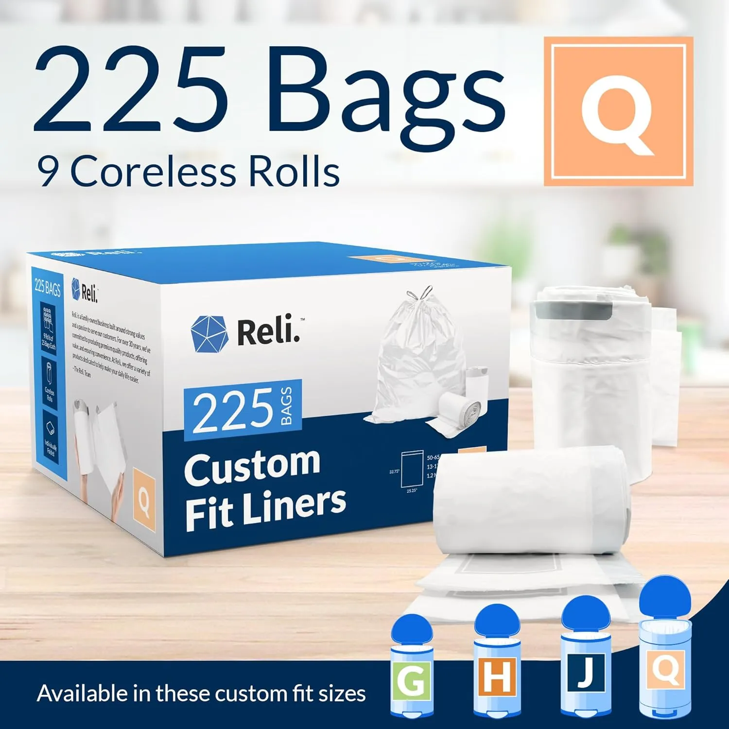 Reli. Custom Fit Q Trash Bags (225 Count) Fits Simplehuman Code Q Bags 50-65 L, 13-17 Gal | Drawstring Trashbag | White 13 Gallon Trashbags Drawstring | 25.25x32.75" (9 Rolls) 1.2 Mil