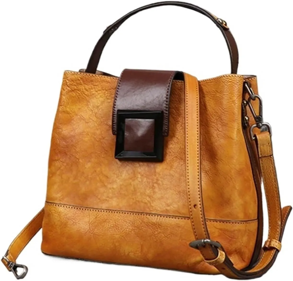 Retro Genuine Leather Shoulder Bags Handmade Women Bucket Bag First Layer Cowhide Top-handle Bags For Female