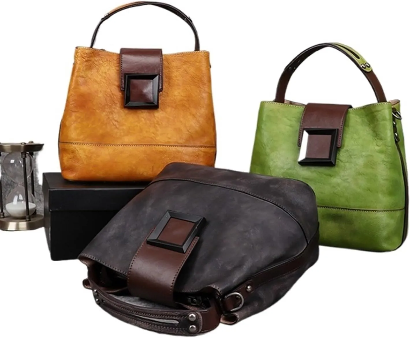 Retro Genuine Leather Shoulder Bags Handmade Women Bucket Bag First Layer Cowhide Top-handle Bags For Female