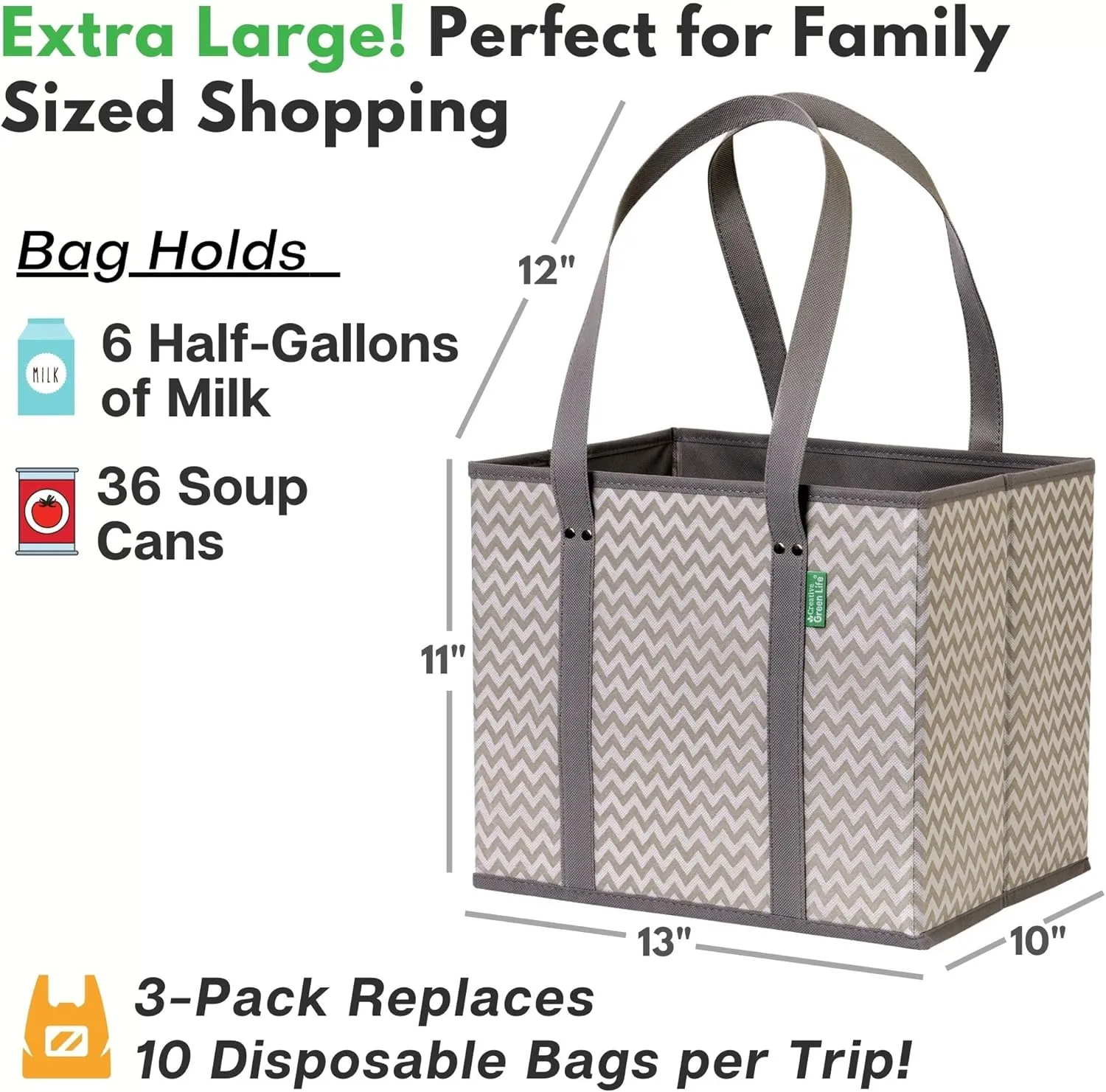 Reusable Grocery Bags (3 Pack)  Heavy Duty Reusable Shopping Bags with Box Shape to Stand Up and Stay Open  Large Tote Bags with Long Handles & Reinforced Bottom  Foldable Utility Bag  Chevron