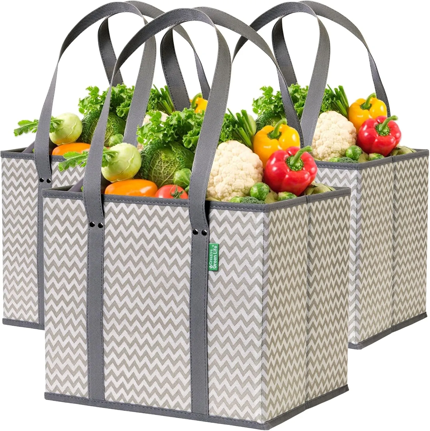 Reusable Grocery Bags (3 Pack)  Heavy Duty Reusable Shopping Bags with Box Shape to Stand Up and Stay Open  Large Tote Bags with Long Handles & Reinforced Bottom  Foldable Utility Bag  Chevron