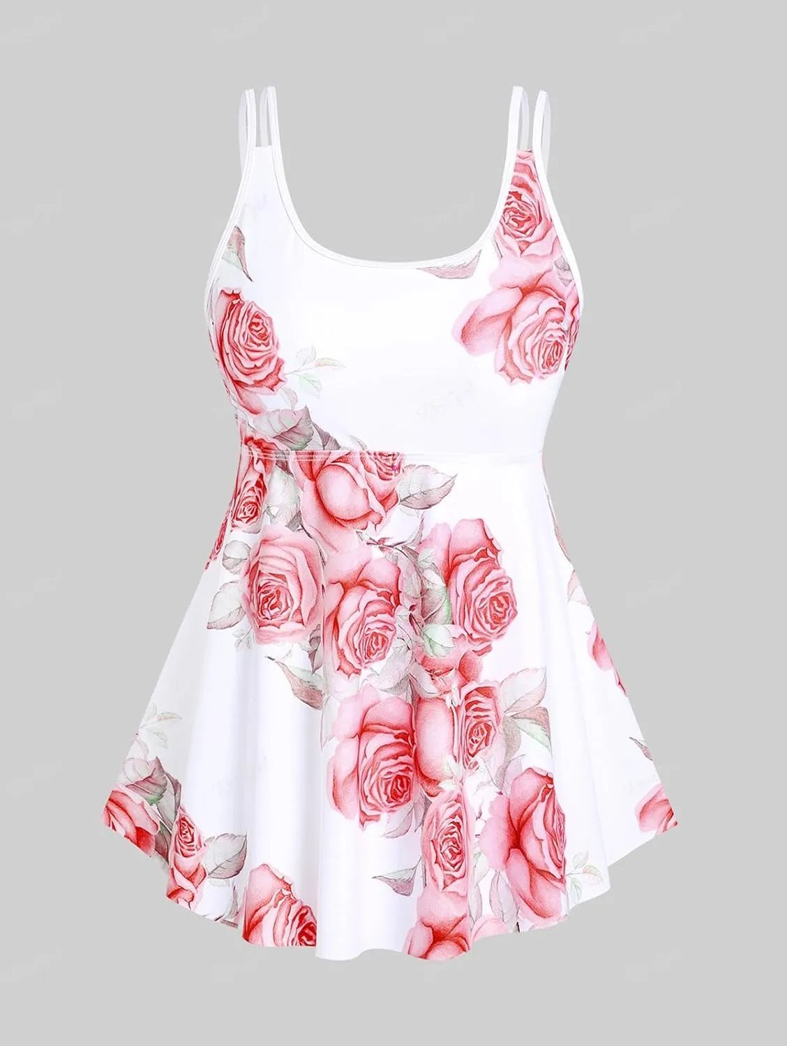 Rosegal Women Plus Size Modest Tankini Swimsuit Rose Print Boyleg Swimwear Padded Boyshorts Bathing