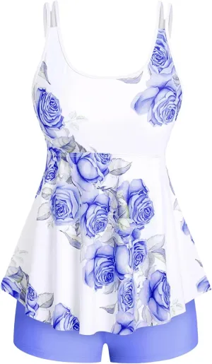 Rosegal Women Plus Size Modest Tankini Swimsuit Rose Print Boyleg Swimwear Padded Boyshorts Bathing