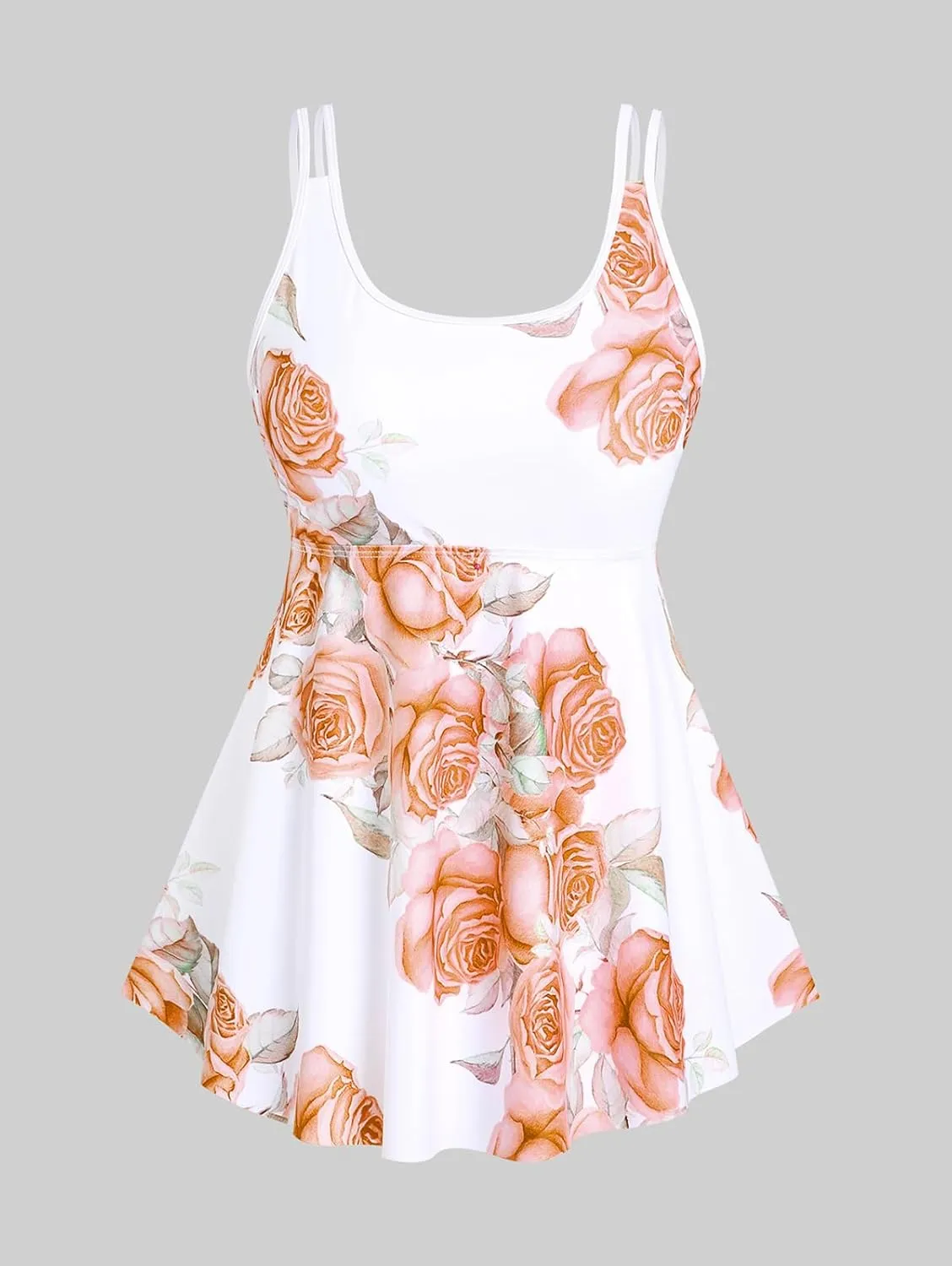 Rosegal Women Plus Size Modest Tankini Swimsuit Rose Print Boyleg Swimwear Padded Boyshorts Bathing