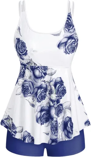 Rosegal Women Plus Size Modest Tankini Swimsuit Rose Print Boyleg Swimwear Padded Boyshorts Bathing