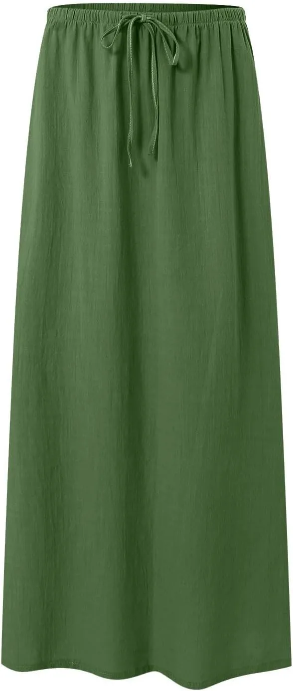 Rvidbe Womens Linen Maxi Skirts 2025 Summer Casual Vacation Boho Elastic Waist Drawstring Flared Flowy A-Line Long Skirt