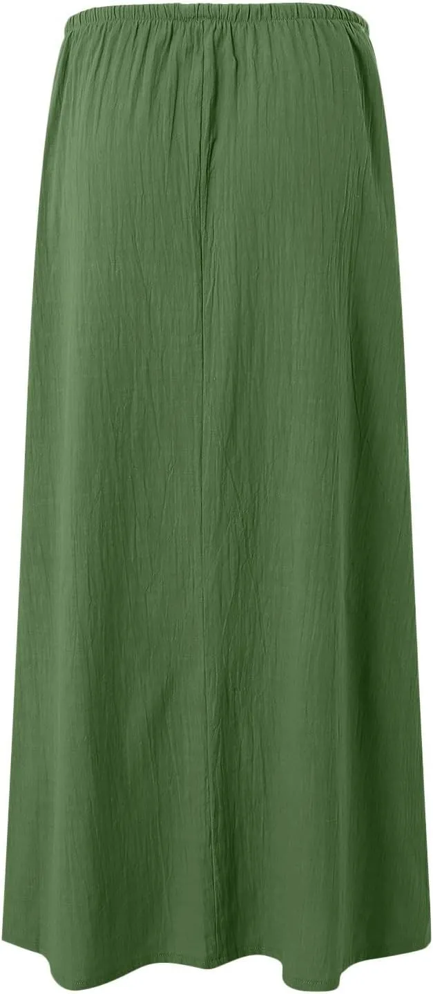 Rvidbe Womens Linen Maxi Skirts 2025 Summer Casual Vacation Boho Elastic Waist Drawstring Flared Flowy A-Line Long Skirt