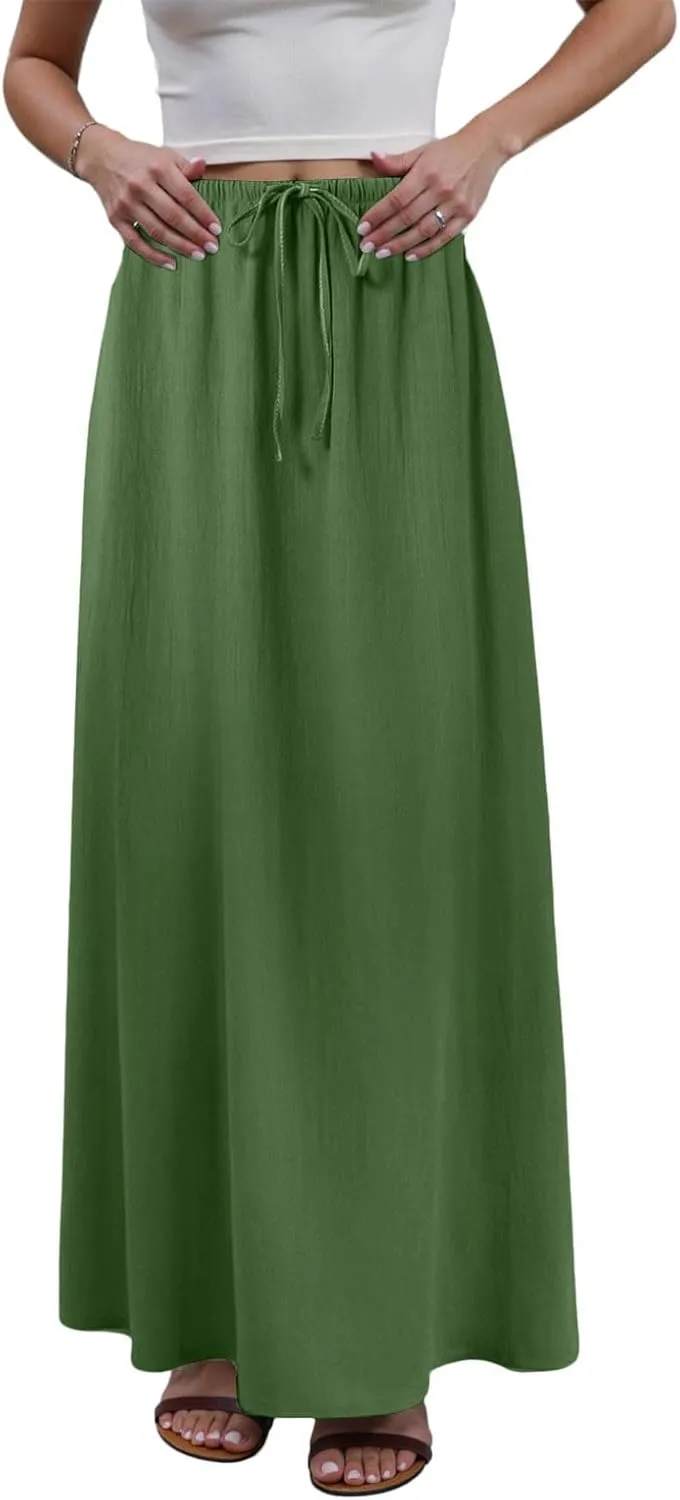Rvidbe Womens Linen Maxi Skirts 2025 Summer Casual Vacation Boho Elastic Waist Drawstring Flared Flowy A-Line Long Skirt
