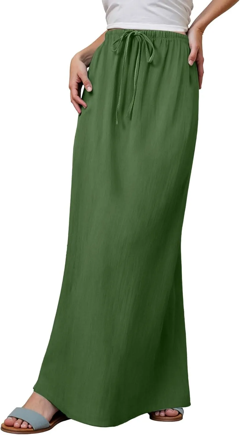 Rvidbe Womens Linen Maxi Skirts 2025 Summer Casual Vacation Boho Elastic Waist Drawstring Flared Flowy A-Line Long Skirt