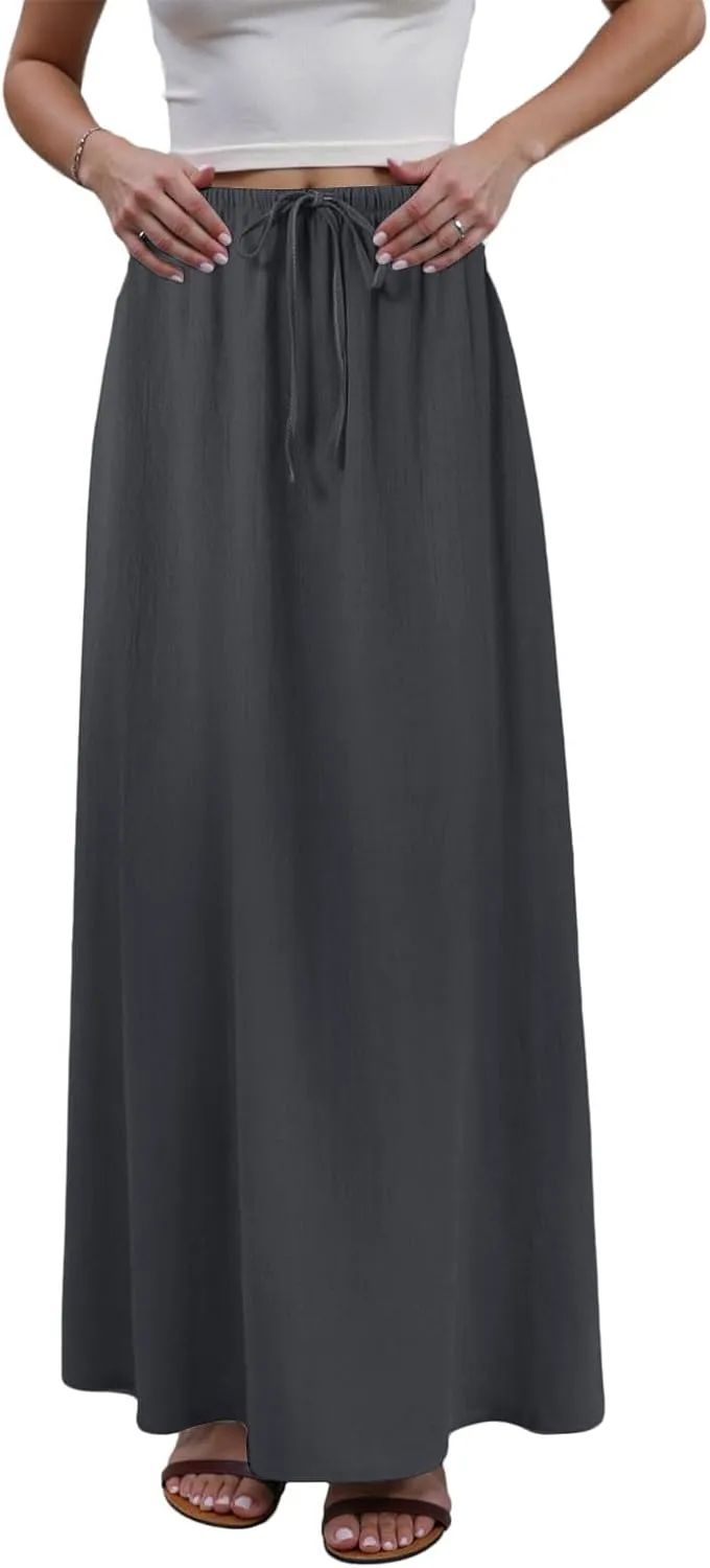Rvidbe Womens Linen Maxi Skirts 2025 Summer Casual Vacation Boho Elastic Waist Drawstring Flared Flowy A-Line Long Skirt