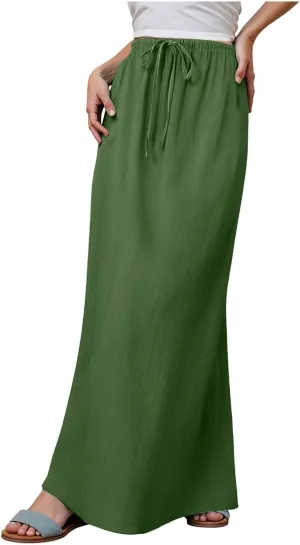 Rvidbe Womens Linen Maxi Skirts 2025 Summer Casual Vacation Boho Elastic Waist Drawstring Flared Flowy A-Line Long Skirt