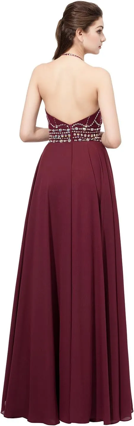 Sarahbridal Long Women's Formal Dresses Chiffon Pleated Backless Evening Gowns Sheath Flowy Prom Party Dress