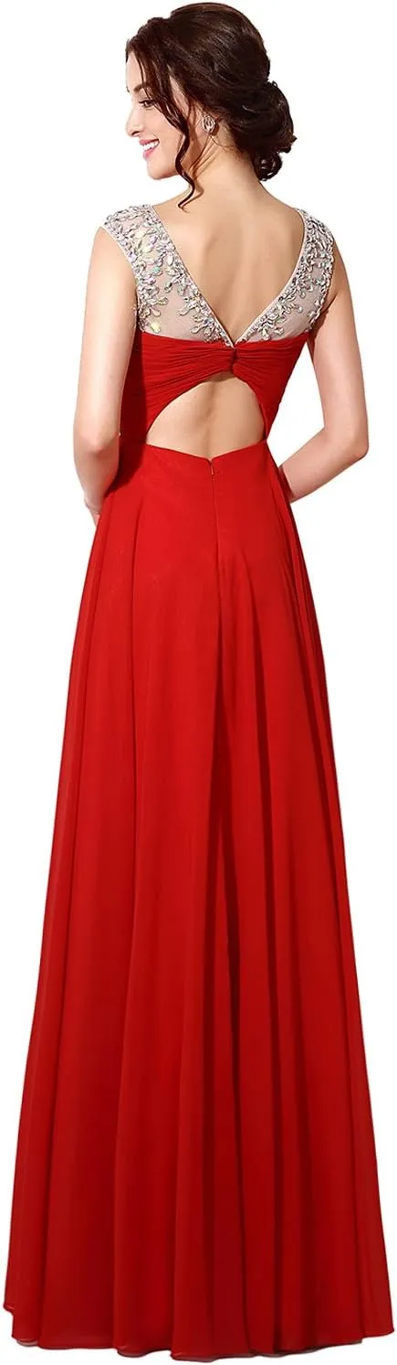 Sarahbridal Women's Long Chiffon A-line Beading Bridesmaid Dresses Prom Gowns