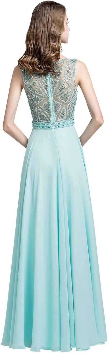 Sarahbridal Women's Long Chiffon A-line Beading Bridesmaid Dresses Prom Gowns