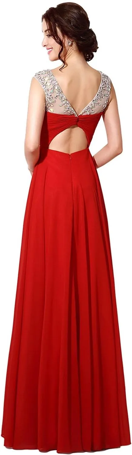 Sarahbridal Women's Long Chiffon A-line Beading Bridesmaid Dresses Prom Gowns