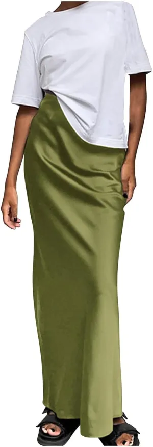 Satin Maxi Skirt for Women High Waist Silky Elegant Zipper Ankle Length Slim Solid Color Bodycon Fishtail Skirts