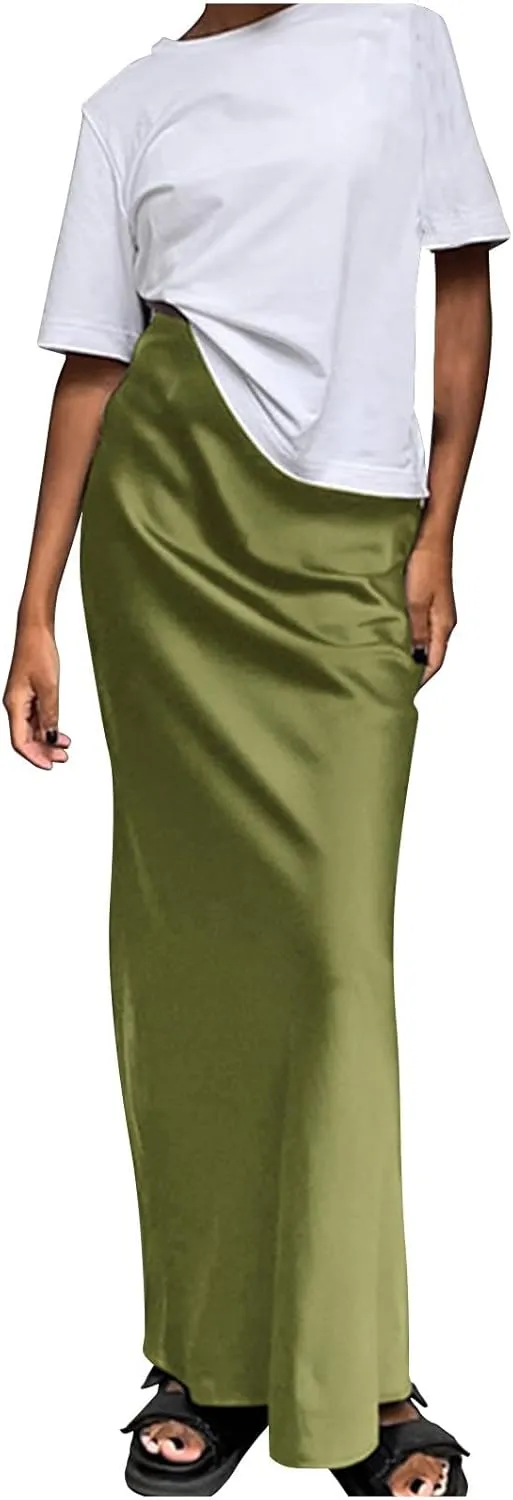 Satin Maxi Skirt for Women High Waist Silky Elegant Zipper Ankle Length Slim Solid Color Bodycon Fishtail Skirts