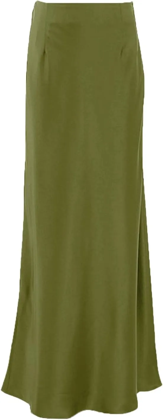 Satin Maxi Skirt for Women High Waist Silky Elegant Zipper Ankle Length Slim Solid Color Bodycon Fishtail Skirts