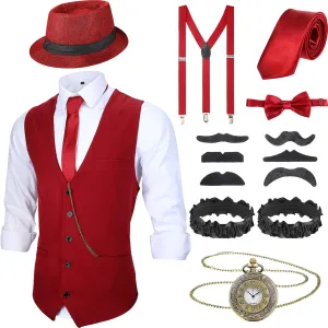 SATINIOR 1920s Mens Costume Roaring Outfit with Gangster Vest Hat Pocket Watch Suspenders