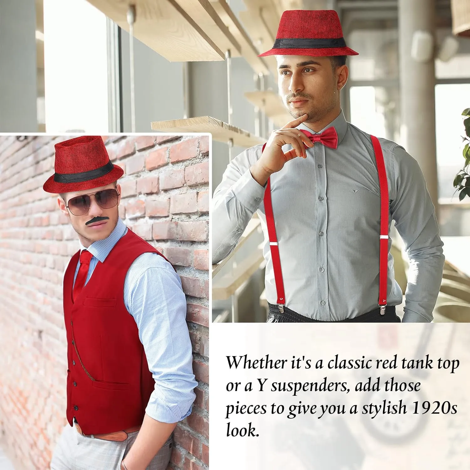 SATINIOR 1920s Mens Costume Roaring Outfit with Gangster Vest Hat Pocket Watch Suspenders