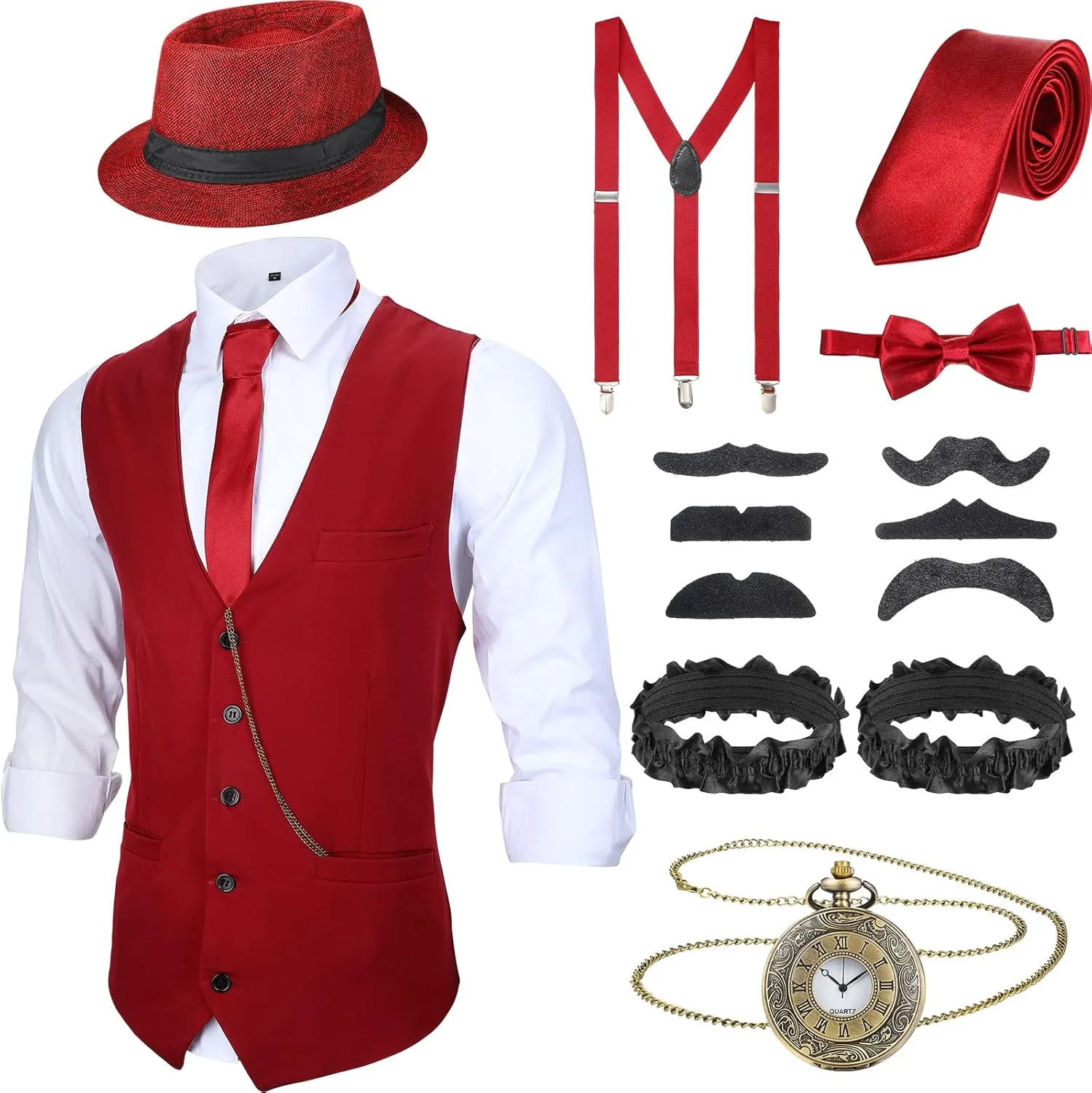 SATINIOR 1920s Mens Costume Roaring Outfit with Gangster Vest Hat Pocket Watch Suspenders