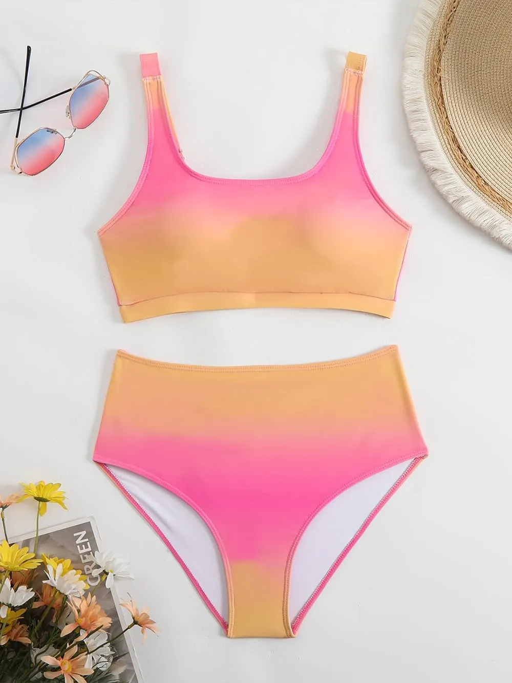 Savarana Women's High Waisted Bikini Sets Two Piece Swimsuit Cheeky Scoop Neck Swimwear High Cut Sporty Bathing Suits