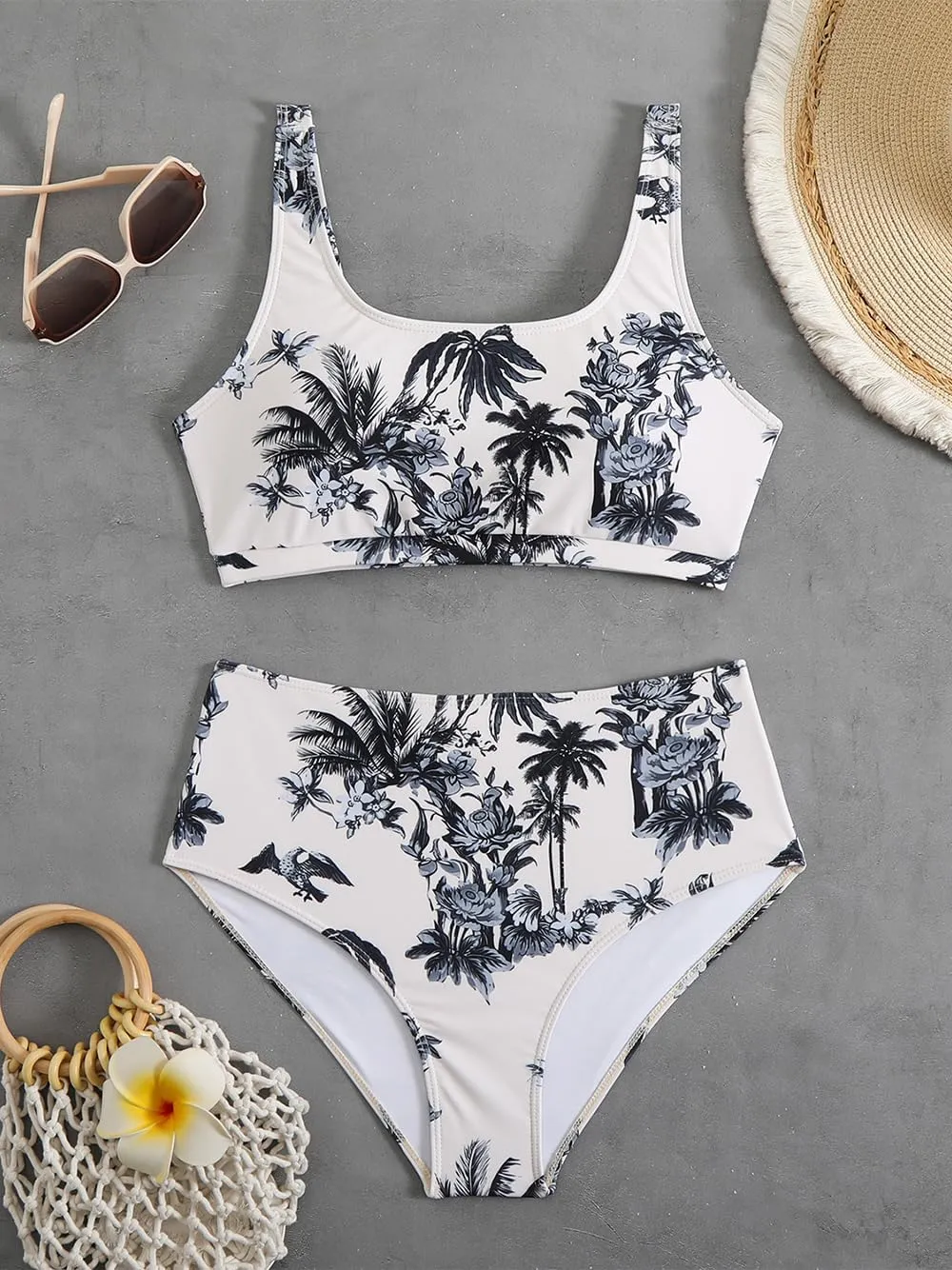 Savarana Women's High Waisted Bikini Sets Two Piece Swimsuit Cheeky Scoop Neck Swimwear High Cut Sporty Bathing Suits
