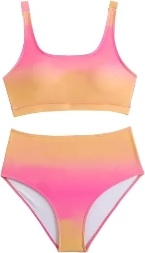 Savarana Women's High Waisted Bikini Sets Two Piece Swimsuit Cheeky Scoop Neck Swimwear High Cut Sporty Bathing Suits