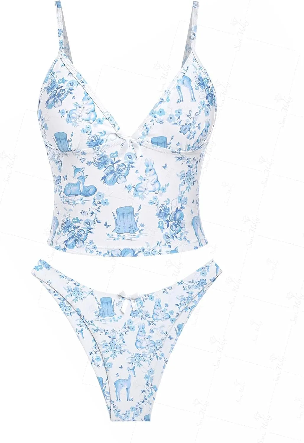 seamoly Lace Jacquard Bowknot Decor Ruffles Tankini Set