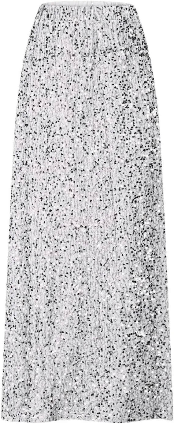 Sequin Long Skirts for Women Sparkly Plus Size Stretch Skirt Elastic Comfort Baggy Skirt Party Casual A Line Skirts