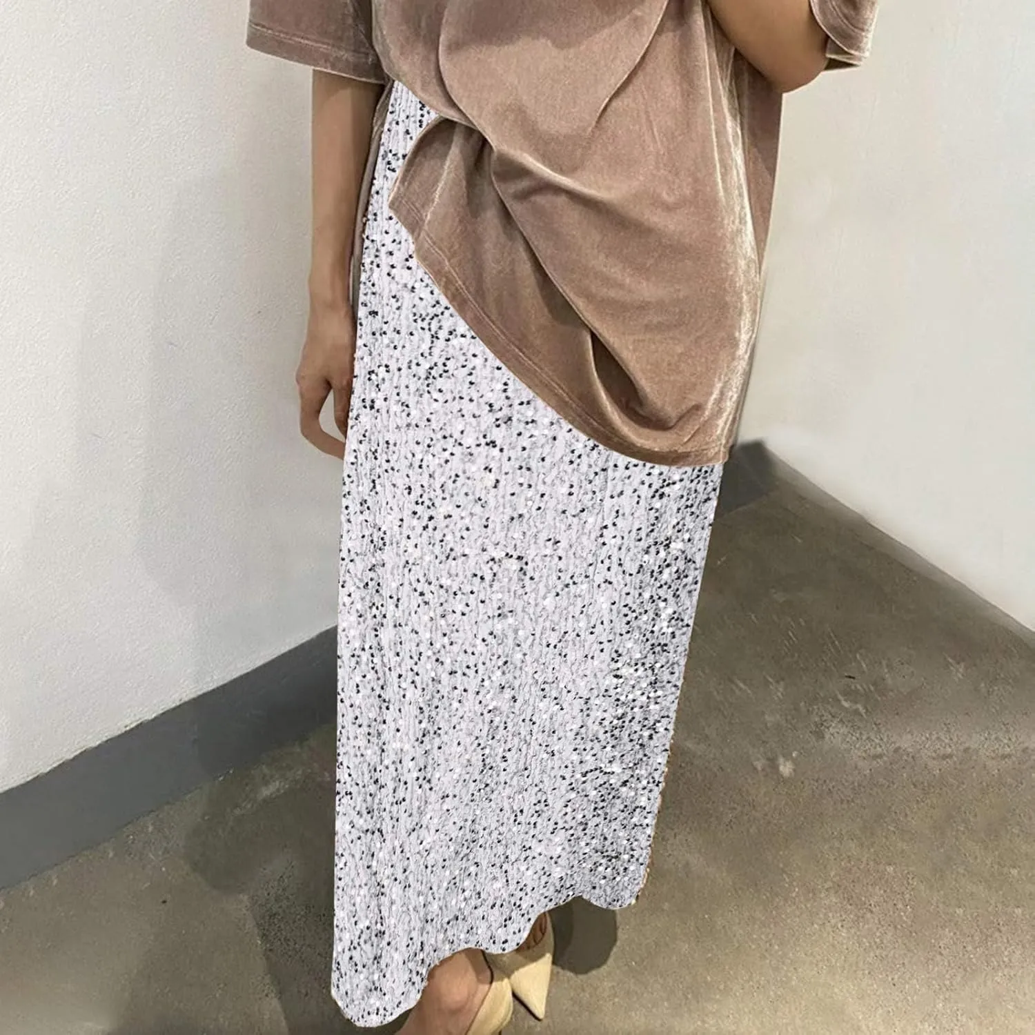 Sequin Long Skirts for Women Sparkly Plus Size Stretch Skirt Elastic Comfort Baggy Skirt Party Casual A Line Skirts