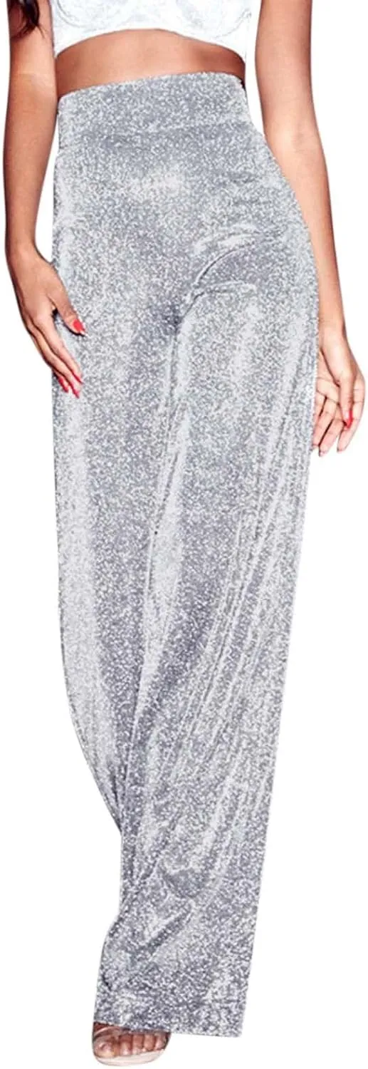 Sequin Pants for Women High Waisted Fashion Glitter Flare Bell Bottom Stretchy Casual Loose Night Party Wide Leg Trousers
