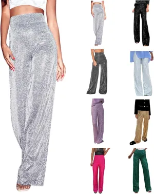 Sequin Pants for Women High Waisted Fashion Glitter Flare Bell Bottom Stretchy Casual Loose Night Party Wide Leg Trousers